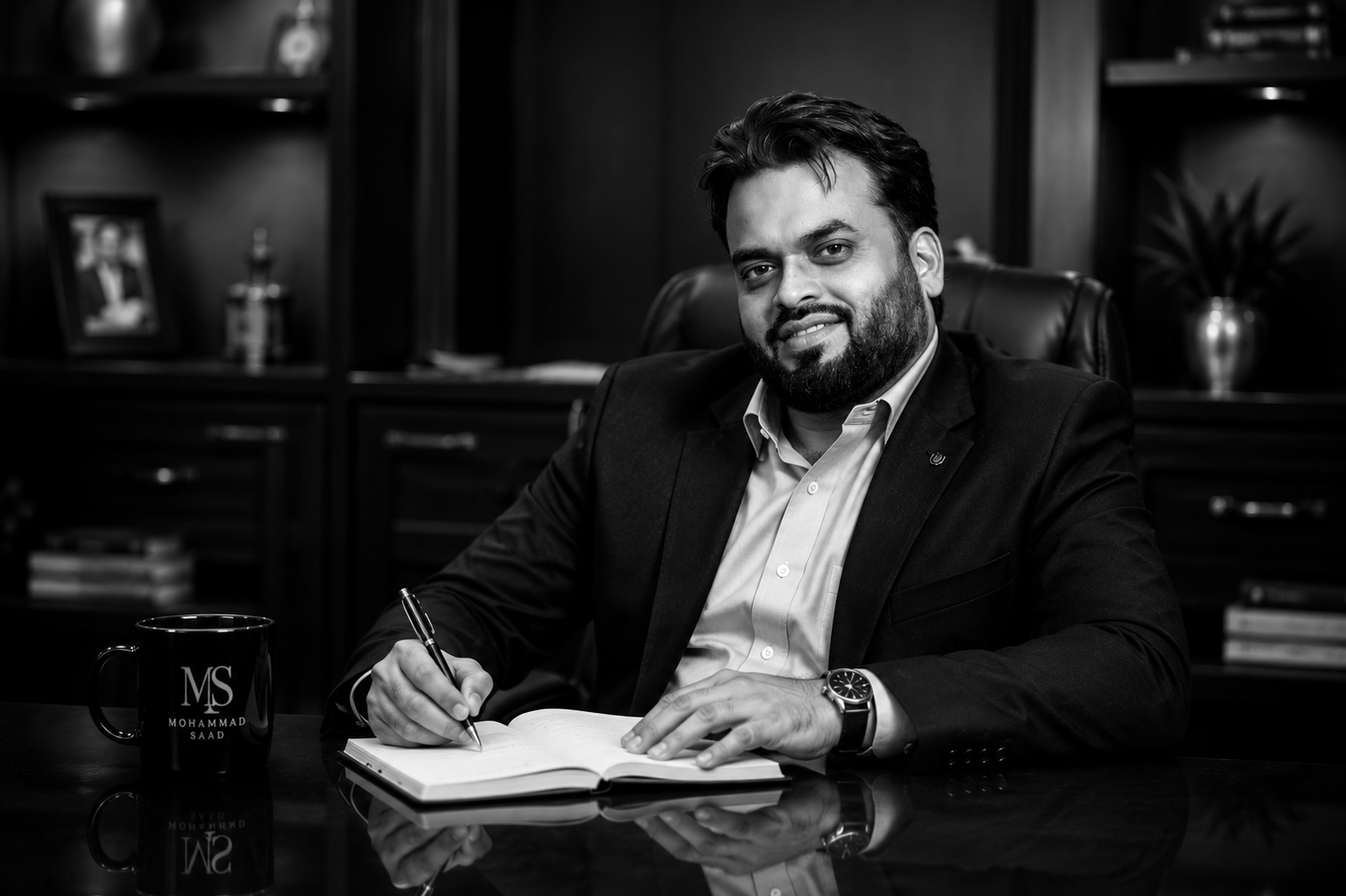 Mohammed Saad writing at a desk